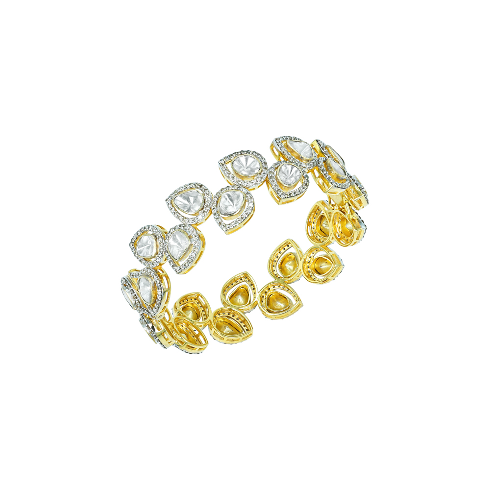 Teardrop Polki Diamond Bangle with Leafy Charm